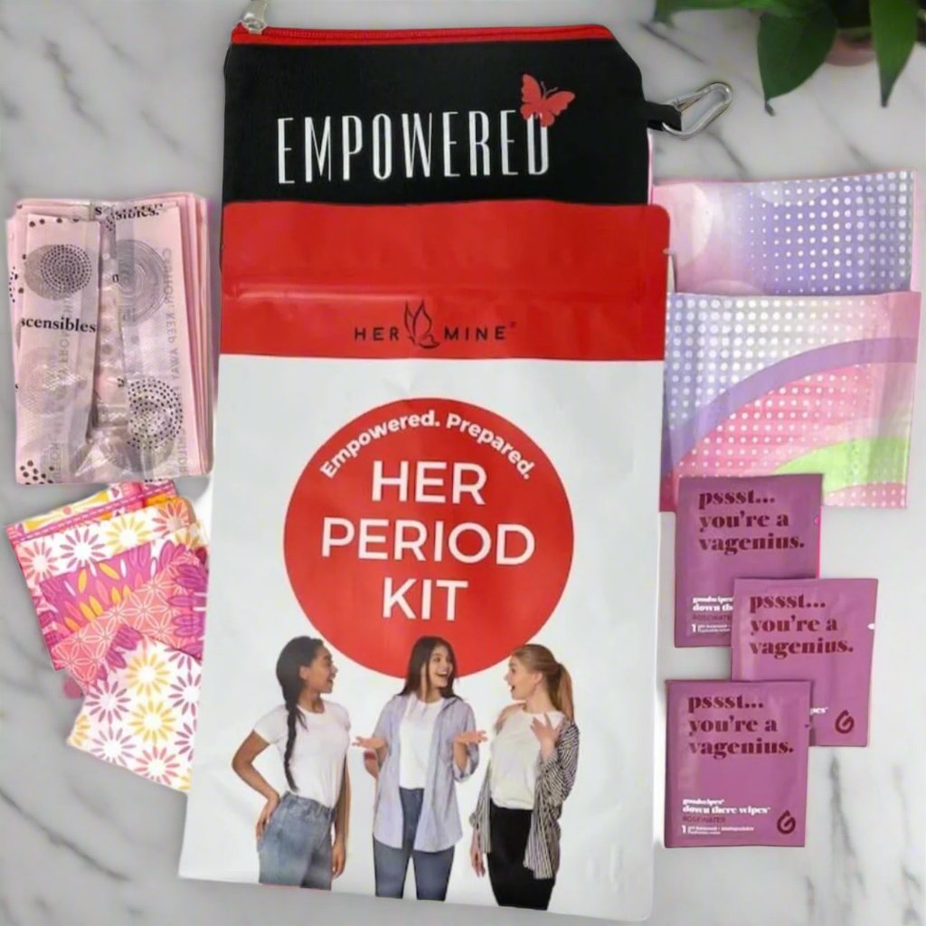 First Period Kit for Girls designed to empower young girls as they navigate their first menstrual experience. This all-inclusive kit features organic cotton sanitary pads, panty liners, disposable bags for discreet disposal, and a compact, travel-friendly case for easy, on-the-go use, ideal for school, travel, or everyday needs. The kit also includes educational resources to help girls understand and feel confident about their menstrual cycle. Crafted by a woman-owned business committed to sustainability, t