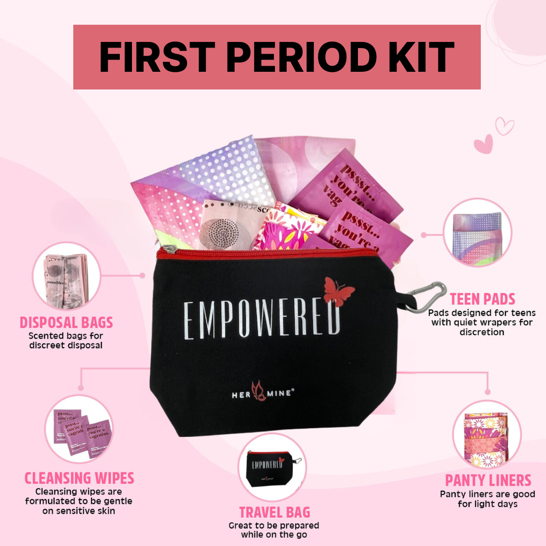 First Period Kit for Tween & Teen Girls (10-12) – 16-Piece Personal Hygiene Starter Set with Period Pads, Wipes, Reusable Feminine Pouch & Playbook for Puberty