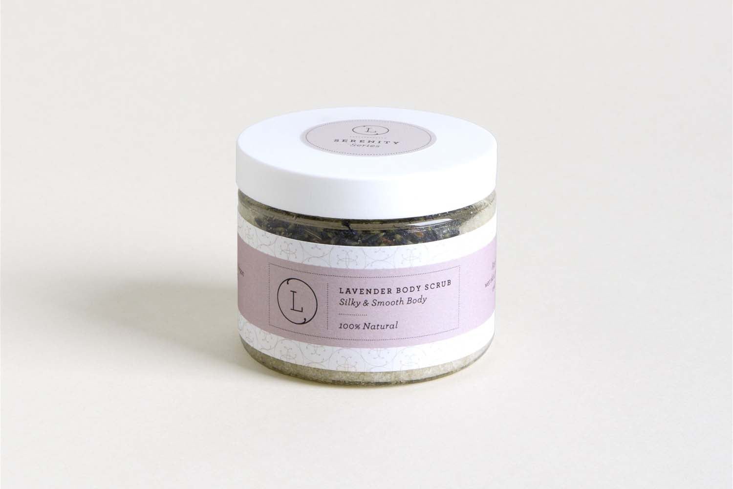 9oz jar of Lavender Body Scrub, exfoliating and moisturizing for smooth, soft skin.